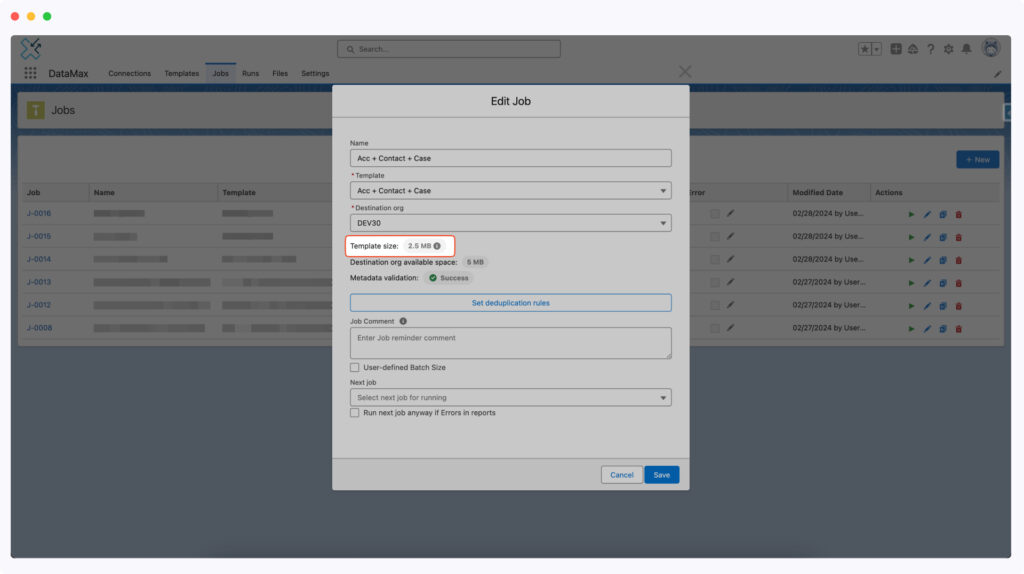 DataMAX migration template size estimation