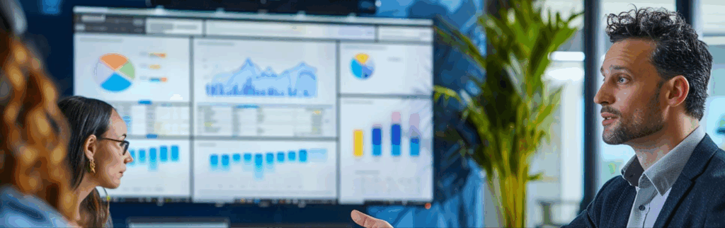 Business meeting with analytical reporting