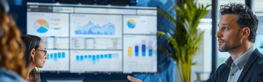 Business meeting with analytical reporting